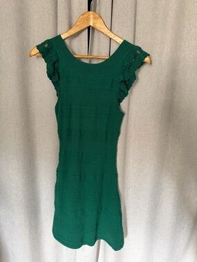 Sezane Emerald Green Ruffle Sleeve Knit Mini Dress